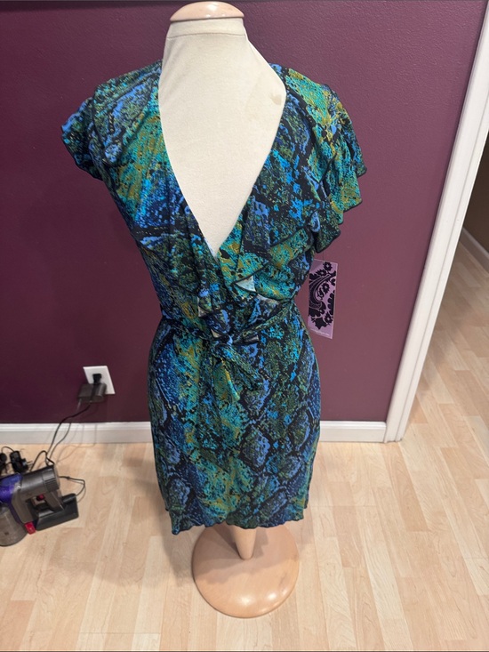 Hippietique Dresses & Skirts - Draped V-Neck Mini Dress in Blue & Green Snake Print